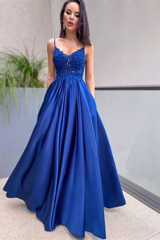 Regal Blue Lace Applique Prom Dress with Elegant Pockets