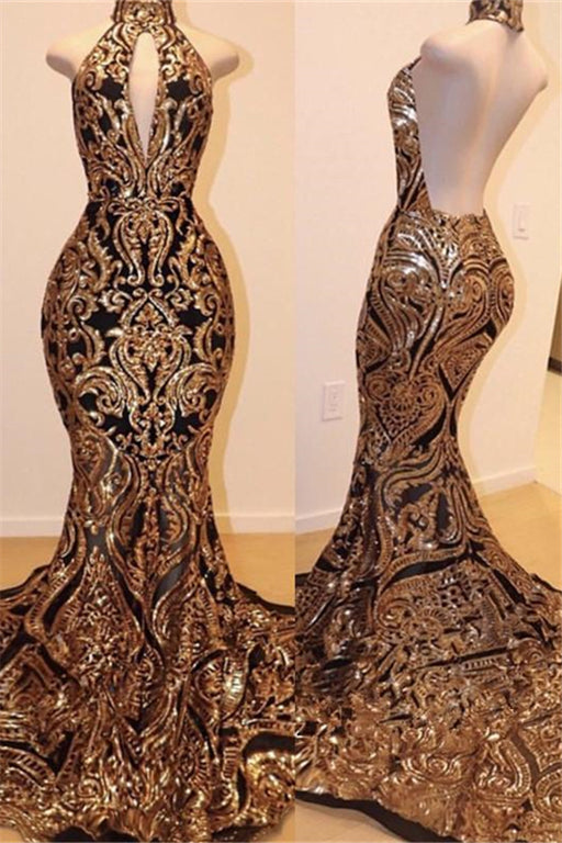High Neck Mermaid Prom Dress with Halter Neckline and Gold Appliques