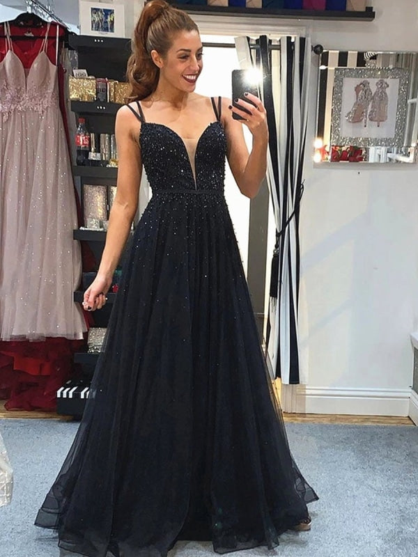 Elegant A Line V Neck Backless Beaded Top Black Long Prom V Neck