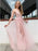 Elegant A Line V Neck Pink Lace Long Prom Dresses with Slit, Pink Lace Formal Graduation Evening Dresses