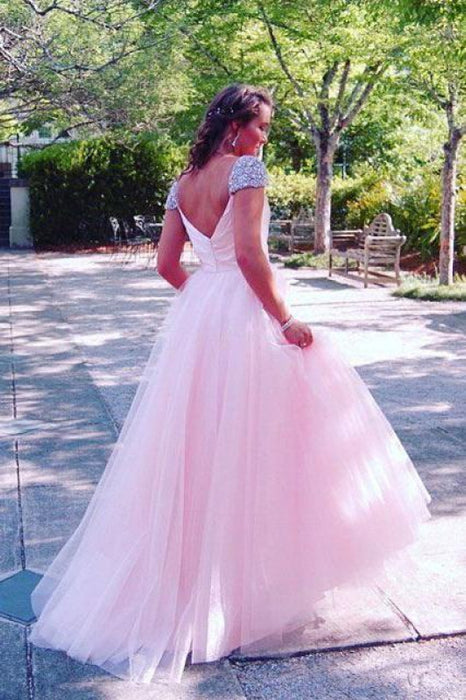 Elegant Amazing Wonderful Pink Cap Sleeves A Line Long Prom Dresses with Rhinestones - Prom Dresses