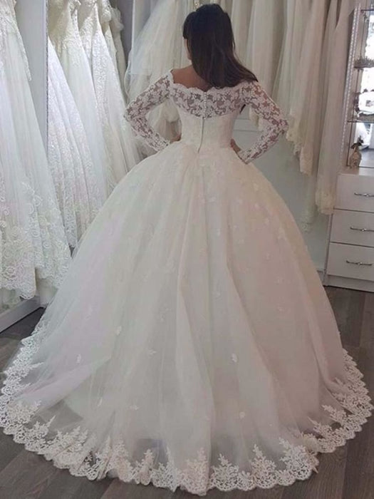 Off The Shoulder Long Sleeve Ball Gown Wedding Dress - Bridelily