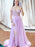 Elegant Blue/Purple V Neck Lace Chiffon Long Prom Dresses with High Slit, Blue/Purple Lace Formal Graduation Evening Dresses 