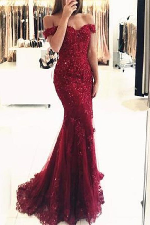 Elegant Burgundy Mermaid Off the Shoulder Beaded Lace Appliques Evening Dresses - Prom Dresses