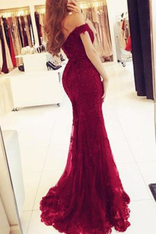 Elegant Burgundy Mermaid Off the Shoulder Beaded Lace Appliques Evening Dresses - Prom Dresses