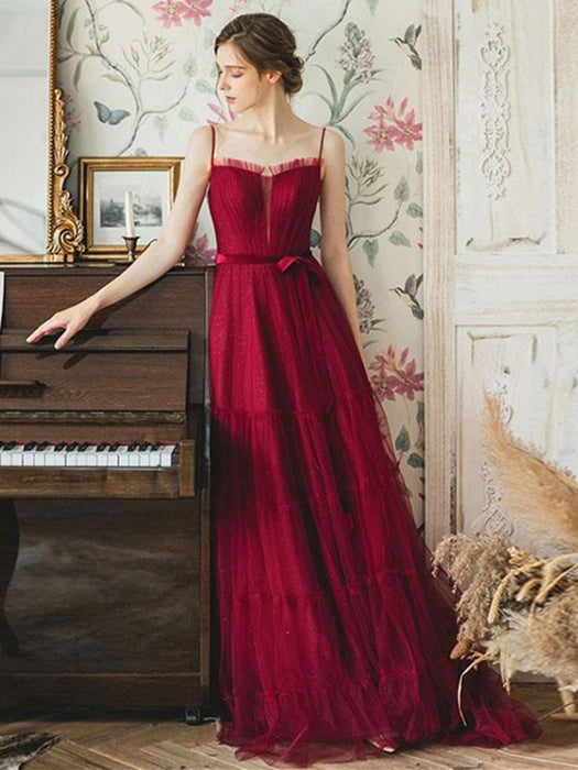 Elegant Burgundy Tulle Long Prom Dresses, Unique Burgundy Formal Graduation Evening Dresses