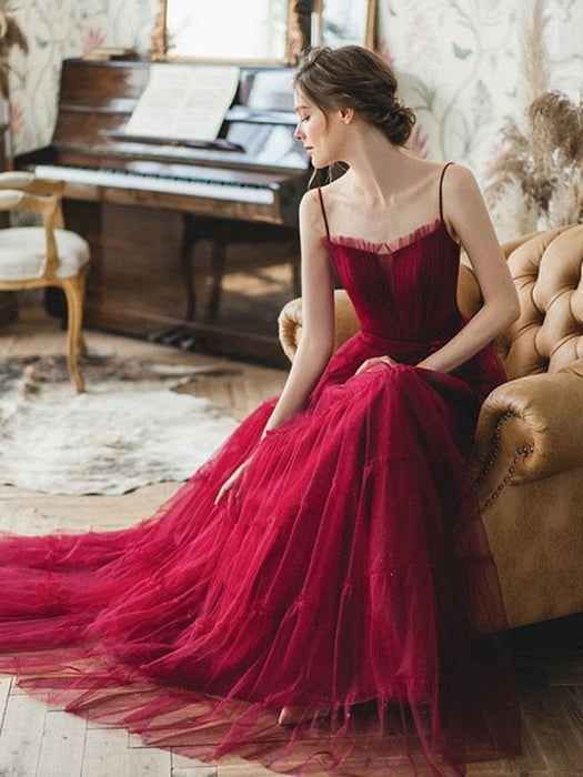 Elegant Burgundy Tulle Long Prom Dresses, Unique Burgundy Formal Graduation Evening Dresses