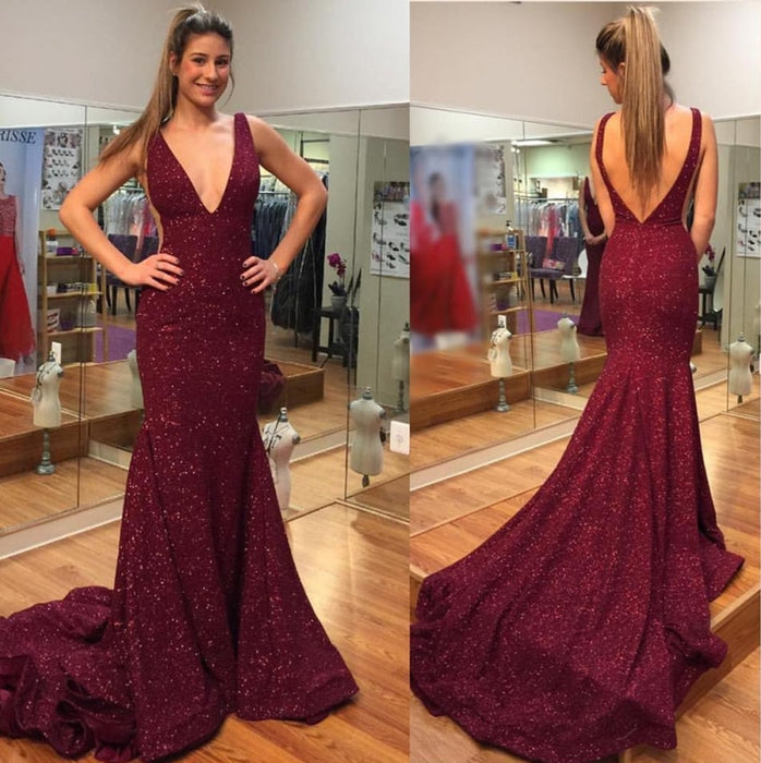 Elegant Burgundy V Neck Mermaid Backless Sequins Long Prom Dresses with Sweep Train, Mermaid Burgundy Formal Dresses, Evening Dresses