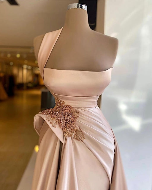 Elegant Long Champagne High Split Prom Dresses - Prom Dresses