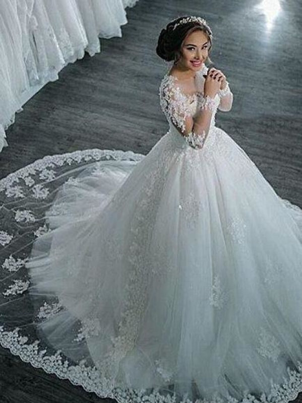 Long Sleeve Lace Appliques Wedding Gown Elegant Wedding Dresses Court Train  2020