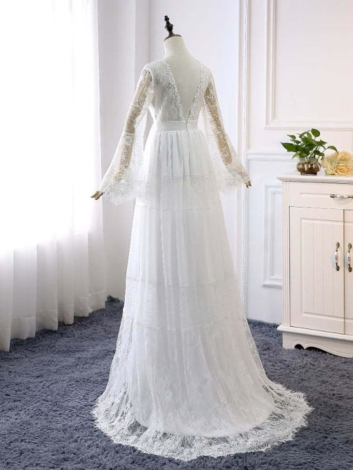 Ivory Simple Wedding Dress With Train Chiffon Jewel Neck Long Sleeves —  Bridelily