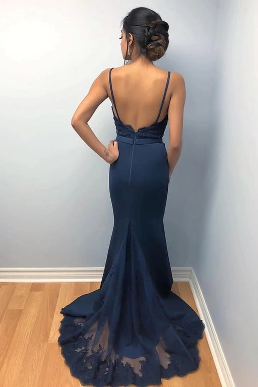 Elegant Mermaid Backless Lace Beaded Navy Blue Prom Dresses, Mermaid Backless Navy Blue Lace Formal Dresses, Mermaid Navy Blue Lace Evening Dresses