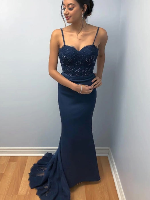 Elegant Mermaid Backless Lace Beaded Navy Blue Prom Dresses, Mermaid Backless Navy Blue Lace Formal Dresses, Mermaid Navy Blue Lace Evening Dresses