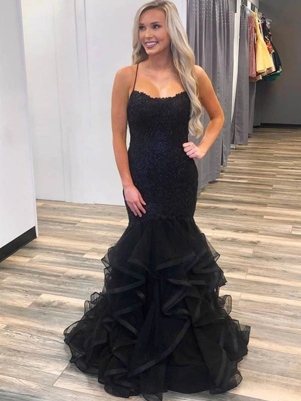 Elegant Mermaid Puffy Black Lace Long Prom Dresses, Mermaid Lace Black Formal Dresses, Lace Black Evening Dresses