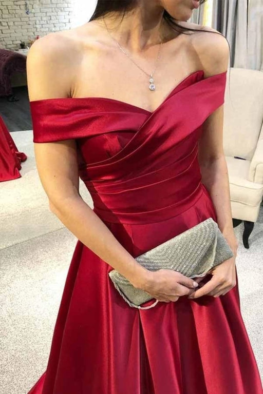 Elegant Off Shoulder Burgundy Satin Long Prom Dresses, Off the Shoulder Burgundy Formal Graduation Evening Dresses