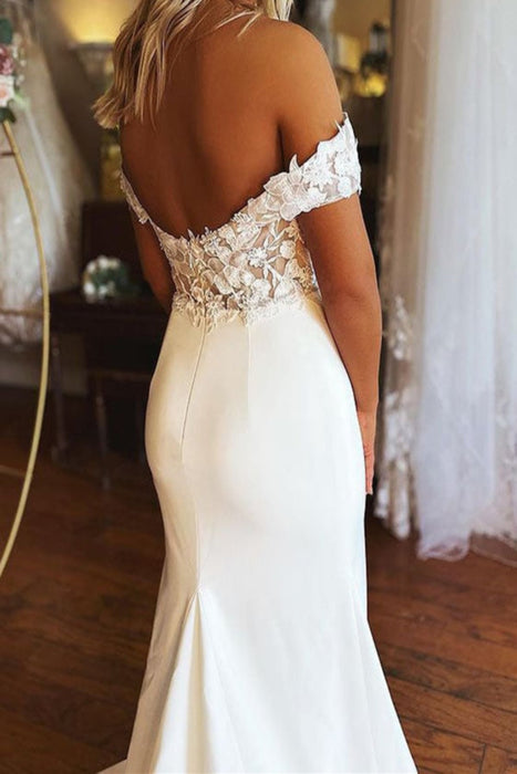 Elegant Off Shoulder Mermaid White Lace Long Prom Wedding Dresses, Mermaid White Formal Dresses, White Lace Evening Dresses 