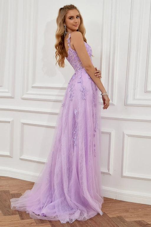 Elegant Off Shoulder Purple Lace Long Prom Dresses with High Slit, Lilac Lace Formal Dresses, Lavender Evening Dresses 