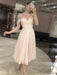 Elegant Off Shoulder Tea Length Pink Prom Dresses, Off Shoulder Pink Formal Graduation Homecoming Dresses