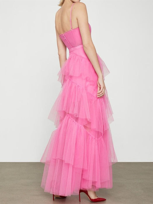 Elegant Open Back Layered Hot Pink Tulle Long Prom Dresses, Hot Pink Tulle Formal Graduation Evening Dresses 