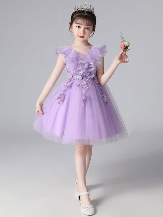 Purple Flower Girl Dresses V-Neck Sleeveless Tulle Lace Kids Party Dresses