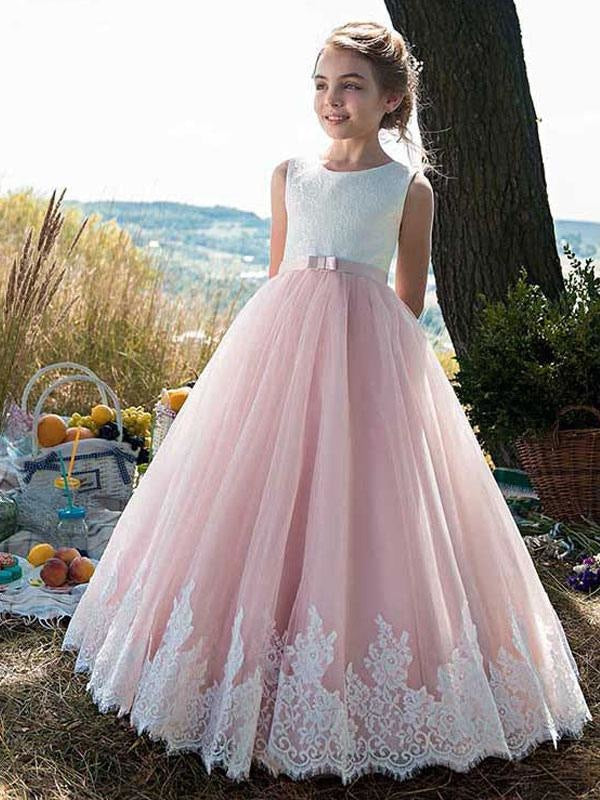 Blush pink tulle flower girl dress, White lace flower girl dress