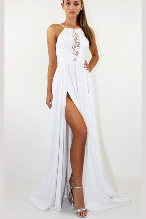 Elegant Sleeveless White Prom Dress for Teens Sexy Split Chiffon Long Evening Dresses - Prom Dresses