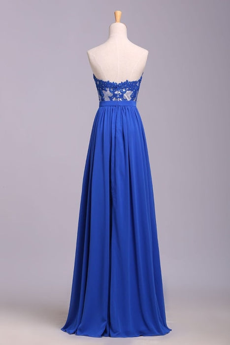 Elegant Strapless Chiffon Evening with Lace Appliques Long Prom Dress - Prom Dresses