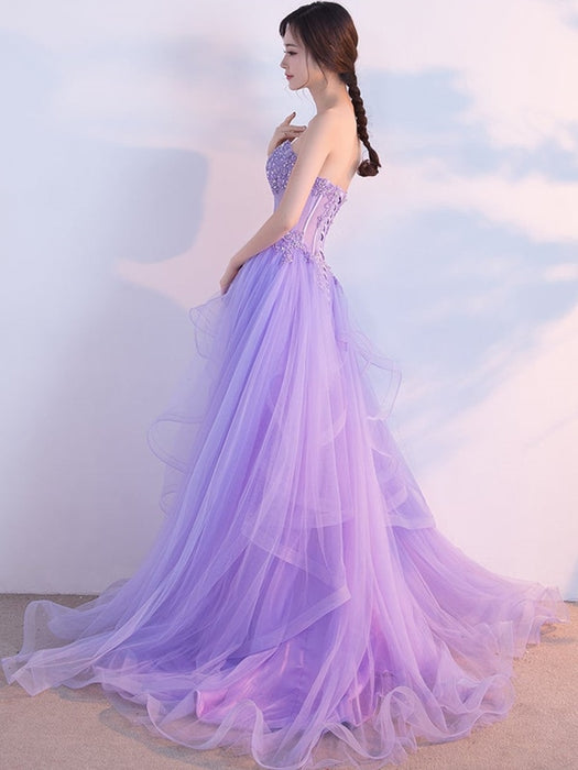 Elegant Strapless Open Back Purple Lace Long Prom Dresses, Purple Lace Formal Evening Dresses, Purple Ball Gown 