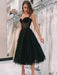 Elegant Sweetheart Neck Tea Length Black Prom Dresses, Sweetheart Neck Black Formal Graduation Homecoming Dresses