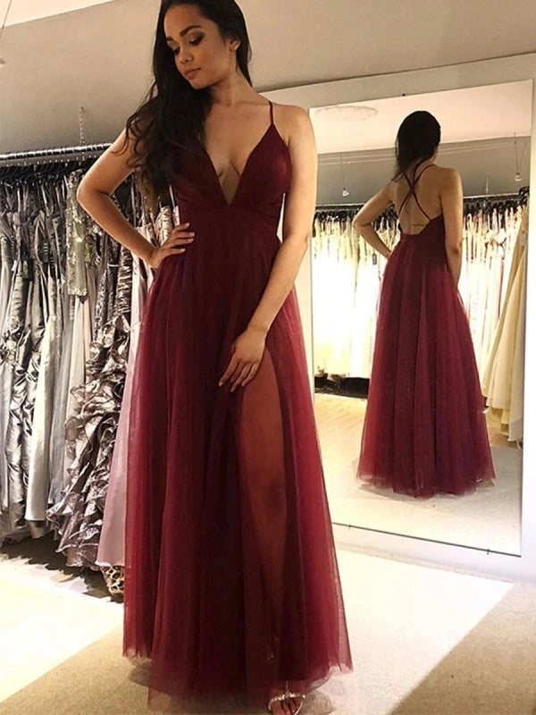 Elegant V Neck Backless Burgundy Tulle Long Prom Dresses, Simple V Neck Burgundy Formal Dresses, Cheap Burgundy Evening Dresses