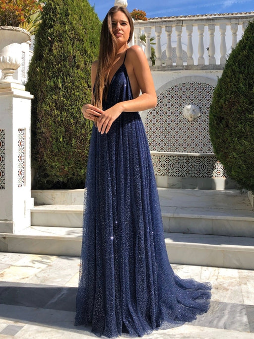 Elegant V Neck Backless Navy Blue Long Prom Dresses, y Navy Blue Formal Evening Dresses