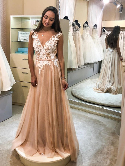 Elegant V Neck Champagne Lace Floral Prom Dresses, Long Champagne Lace Formal Graduation Evening Dresses