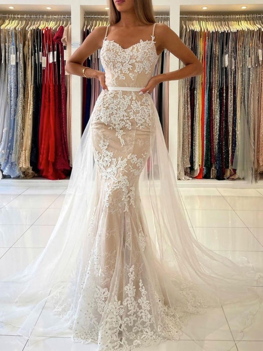 Elegant V Neck Mermaid Open Back Champagne Lace long Prom Dresses, Champagne Lace Formal Graduation Evening Dresses 