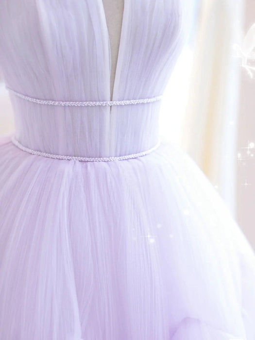 Elegant V Neck Purple Tulle Long Prom Dresses, Strapless Lilac Tulle Formal Evening Dresses, Lavender Ball Gown 