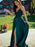 Elegant V Neck tti Straps Dark Green Lace Long Prom Dresses with Slit, Dark Green Lace Formal Dresses, Green Evening Dresses