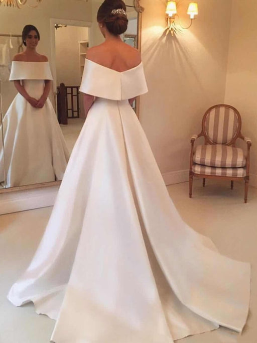 Elegant White Satin Off Shoulder Wedding Dresses, Off Shoulder White Satin Long Prom Dresses, White Formal Evening Dresses