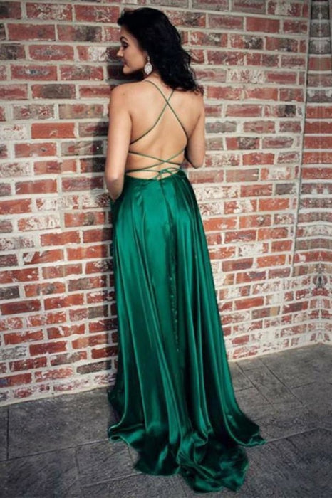 Emerald Green Spaghetti Strap Split Prom Sexy Long Evening Dress with Slit - Prom Dresses