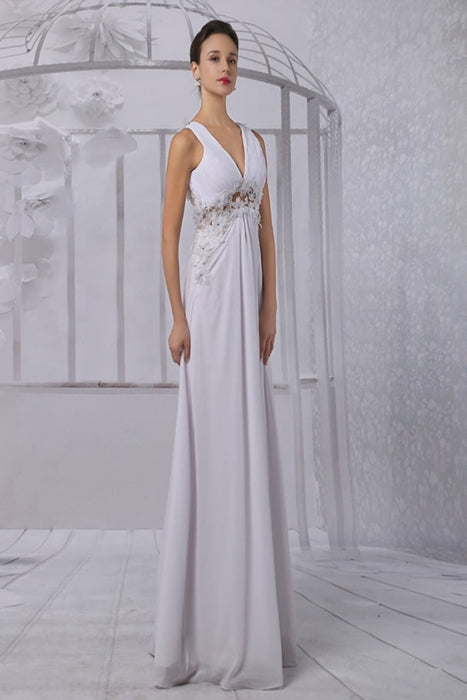 Empire Chiffon V-neck Illusion Back Wedding Dress With Floral Applique misshow