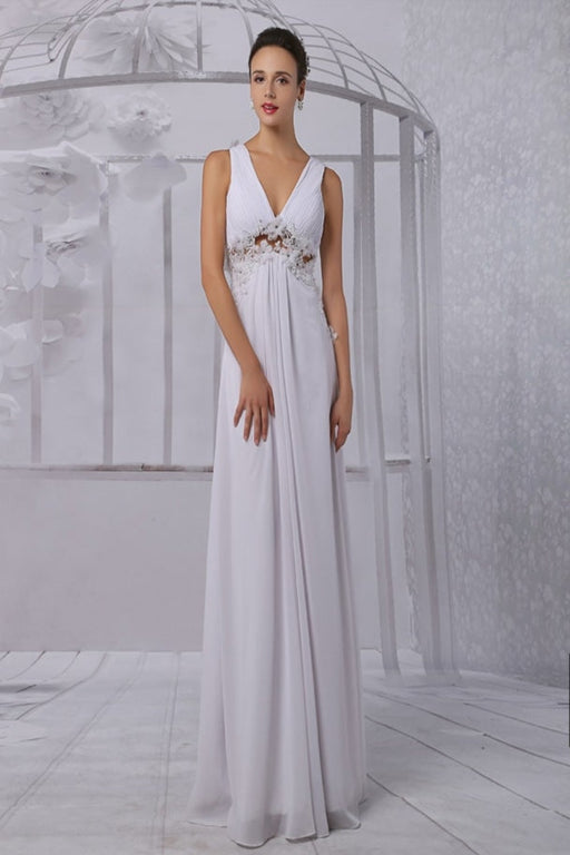 Empire Chiffon V-neck Illusion Back Wedding Dress With Floral Applique misshow