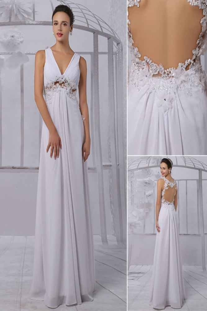 Empire Chiffon V-neck Illusion Back Wedding Dress With Floral Applique misshow