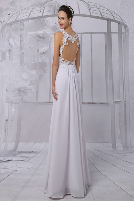 Empire Chiffon V-neck Illusion Back Wedding Dress With Floral Applique misshow