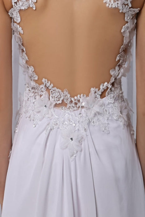 Empire Chiffon V-neck Illusion Back Wedding Dress With Floral Applique misshow