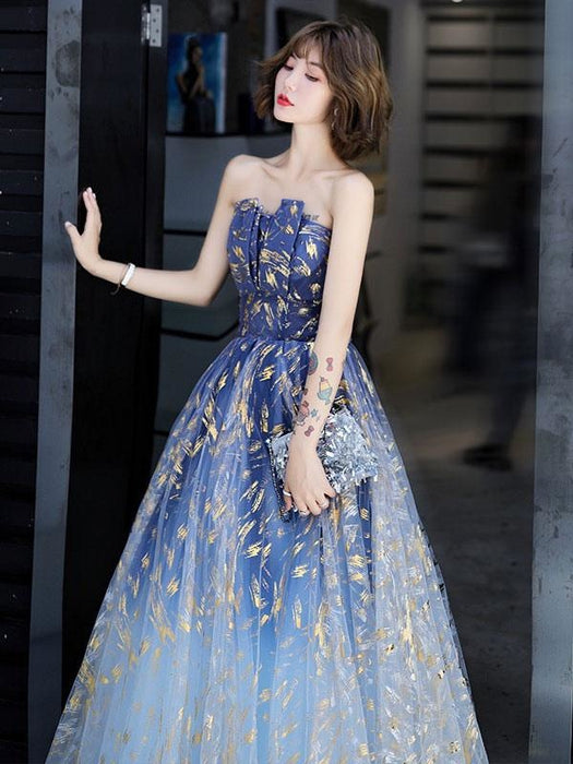 Evening Dress A-Line Strapless Matte Satin Floor-Length Pleated Sequined Prom Dress