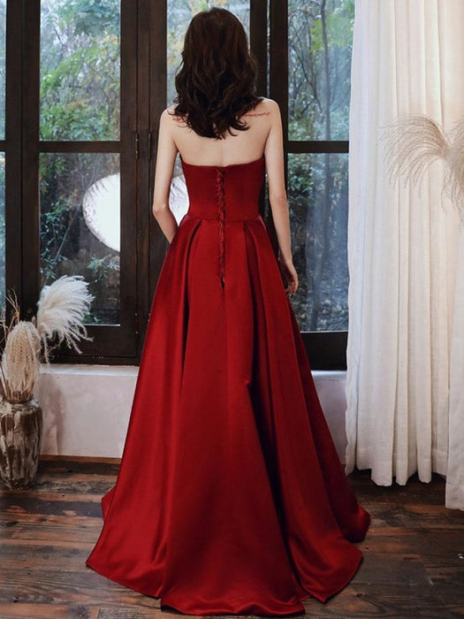 Evening Dress A-Line Strapless Satin Fabric Floor-Length Pleated Social Prom Dress