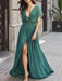 Evening Dress Cyan Blue A-Line V-Neck Chiffon With Train Split Front Formal Party Dresses
