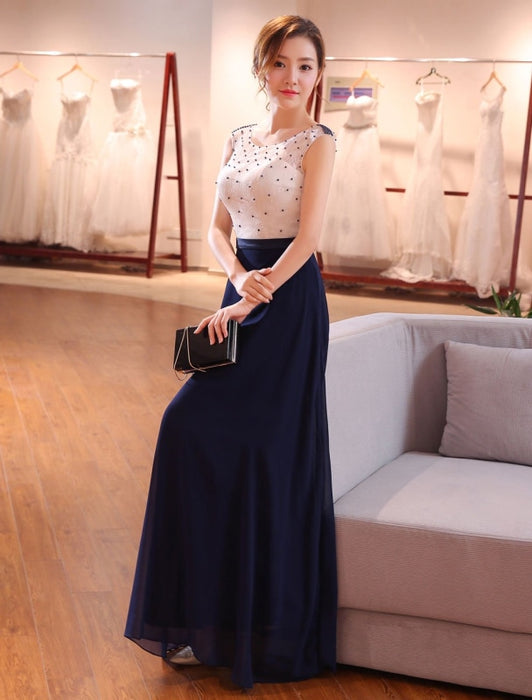 Evening Dresses Dark Navy Lace Formal Dress Illusion Beaded Contrast Color Floor Length Wedding Guest Dress