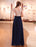 Evening Dresses Dark Navy Lace Formal Dress Illusion Beaded Contrast Color Floor Length Wedding Guest Dress