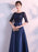 Evening Dresses Dark Navy Long Prom Dress Lace Satin Bow Sash Half Sleeve Formal Gowns