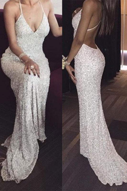 Excellent Chic Precious White Deep V neck Spaghetti Straps Sequin Mermaid Long Prom Dresses Sexy Evening Dress - Prom Dresses