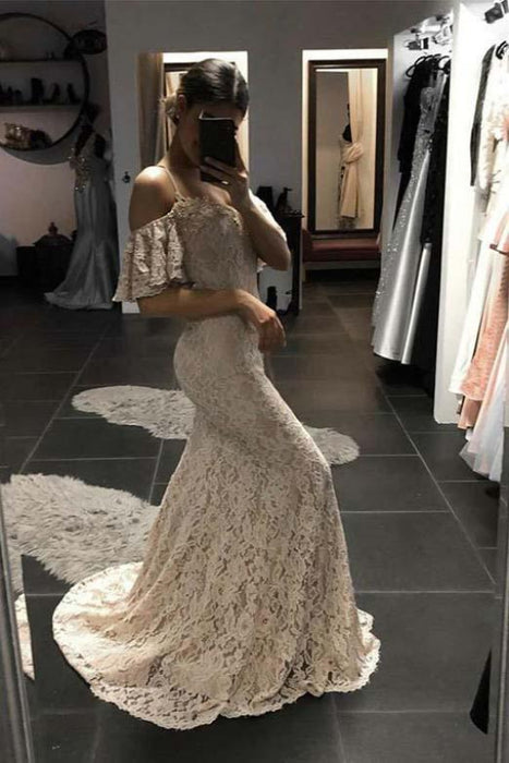 Excellent Elegant Eye-catching Ivory Mermaid Spaghetti Straps Open Back Prom Lace Wedding Dress - Prom Dresses